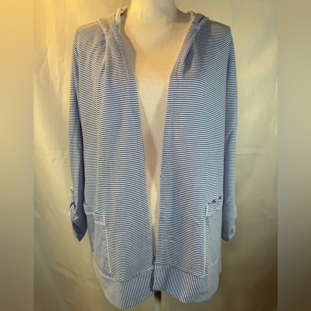 TALBOTS WOMEN'S STRIPE BLUE LONG SLEEVE OPEN FRONT HOODED CARDIGAN PLUS Sz 1X